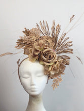 Load image into Gallery viewer, Beige nude gold feather floral fascinator