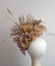 Load image into Gallery viewer, Beige nude gold feather floral fascinator