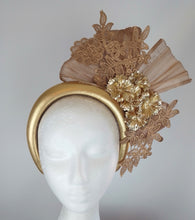 Load image into Gallery viewer, Gold beige feather floral fascinator