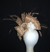 Load image into Gallery viewer, Beige cream nude gold feather floral fascinator