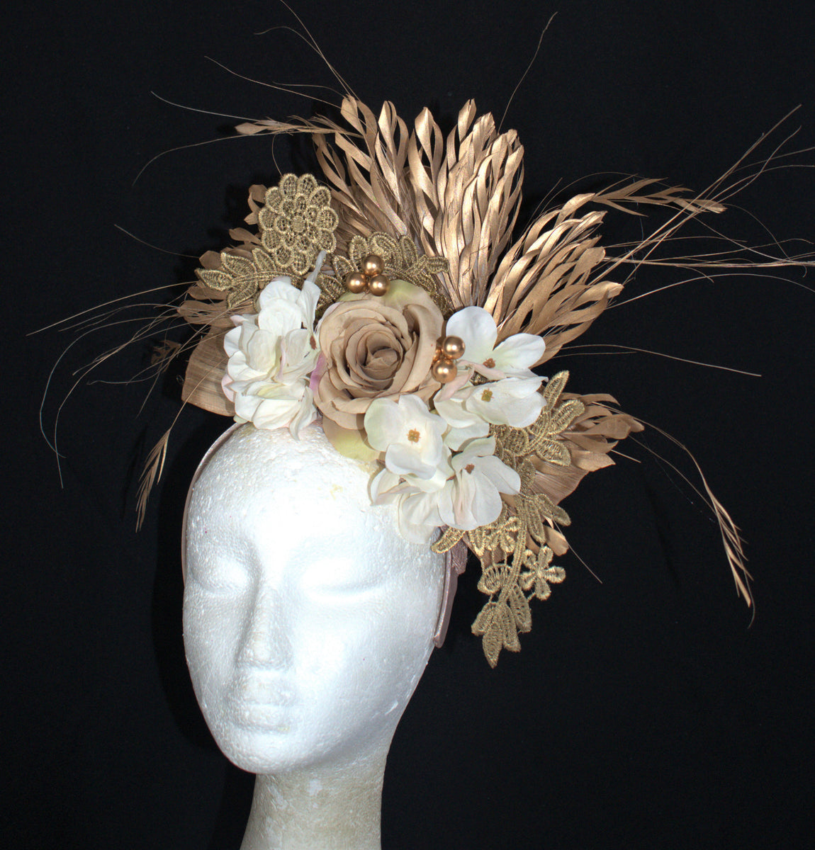 Beige cream nude gold feather floral fascinator Beautiful Fascinators