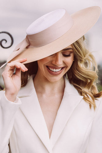 Nude and white boater hat
