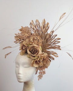 Beige nude gold feather floral fascinator