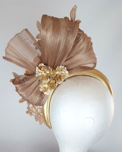 Gold beige feather floral fascinator