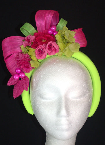 Hot pink and lime green floral crown fascinator