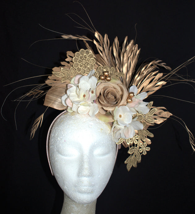 Beige cream nude gold feather floral fascinator